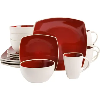 Square Reactive Glaze Stoneware Dinnerware Set, Service for 4 (16pc), Dishwasher and Microwave Safe, Red/White 1